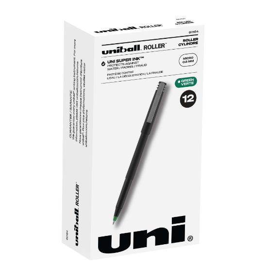 Picture of uni-ball Rollerball Pens, Micro Point, 0.5 mm, 80% Recycled, Black Barrel, Green Ink, Pack Of 12 Pens