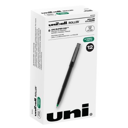 Picture of uni-ball Rollerball Pens, Fine Point, 0.7 mm, 80% Recycled, Black Barrel, Green Ink, Pack Of 12 Pens