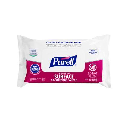 Picture of Purell Foodservice Surface Sanitizing Wipes, Fragrance Free, 7-7/16in x 9in, White, Flowpack Of 72 Wipes