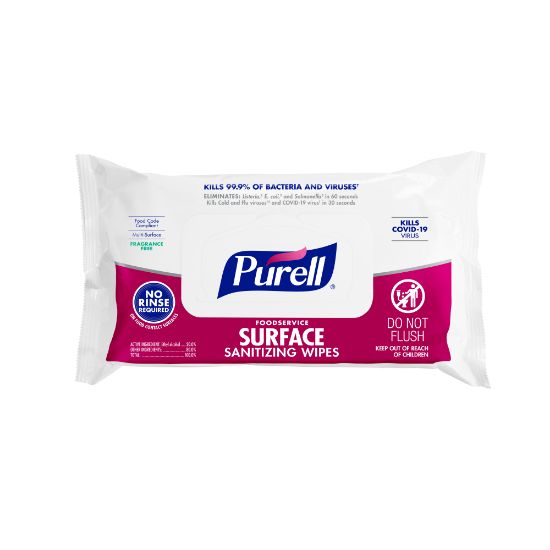 Picture of Purell Foodservice Surface Sanitizing Wipes, Fragrance Free, 7-7/16in x 9in, White, Flowpack Of 72 Wipes