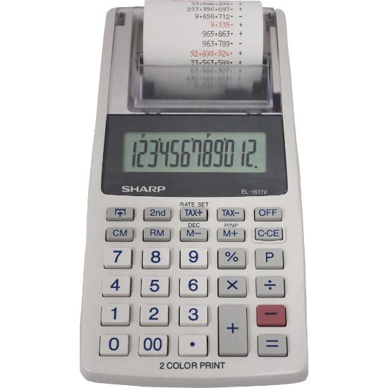 Picture of Sharp EL-1611V 12-digit Mini Printing Calculator, White