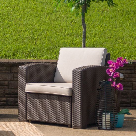 Picture of Flash Furniture Faux Rattan Outdoor Chair With Curved Arms And All-Weather Cushion, Chocolate Brown