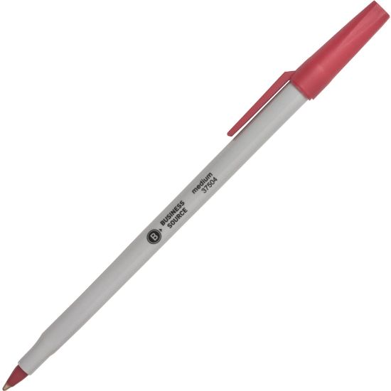 Picture of Business Source Ballpoint Stick Pens, Medium Point, Light Gray Barrel, Red Ink, Pack Of 12 Pens