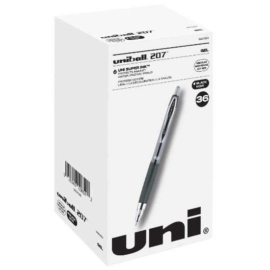 Picture of uni-ball 207 Retractable Fraud Prevention Gel Pens, Medium Point, 0.7 mm, Black Barrel, Black Ink, Pack Of 36