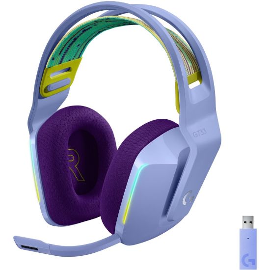 Picture of Logitech G733 Lightspeed Wireless RGB Gaming Headset - Stereo - Wireless - 65.6 ft - 5 Kilo Ohm - 20 Hz - 20 kHz - Over-the-head - Binaural - Circumaural - Cardioid, Uni-directional Microphone - Lilac