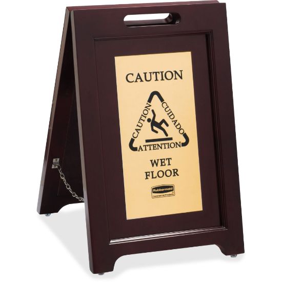 Picture of Rubbermaid Commercial Brass/Wooden Caution Sign, "Caution, Attention, Cuidado, Wet Floor", 15inW x 23 1/2inH, Espresso