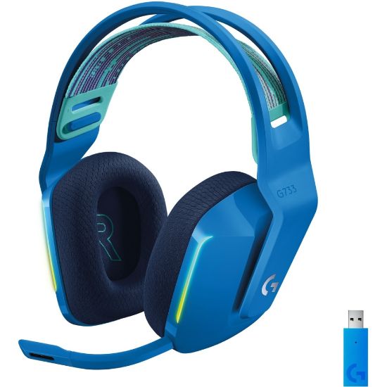 Picture of Logitech G733 Lightspeed Wireless RGB Gaming Headset - Stereo - Wireless - 65.6 ft - 5 Kilo Ohm - 20 Hz - 20 kHz - Over-the-head - Binaural - Circumaural - Cardioid, Uni-directional Microphone - Blue