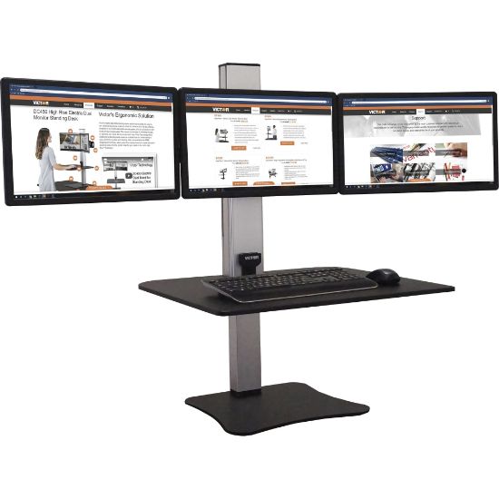 Picture of Victor High Rise Electric Triple Monitor Standing Desk - 23in to 34in Screen Support - 37.50 lb Load Capacity - 20in Height x 28in Width x 23in Depth - Desktop, Tabletop - High Pressure Laminate (HPL) - Wood, Steel, Aluminum - Black, Aluminum