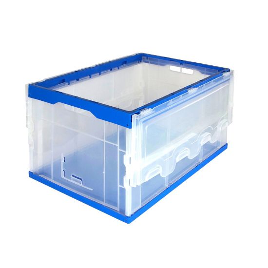 Picture of Mount It! Collapsible Plastic Storage Crate With Lid, 65 Liters, 15.25in x 23in x 13in, Clear/Blue