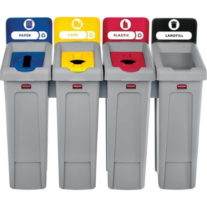 Picture of Rubbermaid Commercial Slim Jim Recycling Station - 4-Stream - 23 gal Capacity - Rectangular - Recyclable, Hinged Lid - Resin - Gray - 1 Each