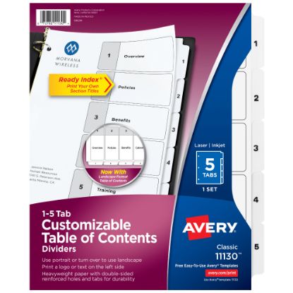 Picture of Avery Ready Index 1-5 Tab With Customizable Table Of Contents Dividers, Letter Size, 5 Tab, White, 1 Set