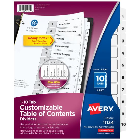 Picture of Avery Ready Index 1-10 Tab With Customizable Table Of Contents Dividers, Letter Size, 10 Tab, White, 1 Set