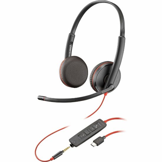 Picture of Poly Blackwire C3225 Stereo USB-C Headset (Bulk) - Stereo - Micro USB, Mini-phone (3.5mm) - Wired - 32 Ohm - On-ear - Binaural - Supra-aural - 7.40 ft Cable - Noise Cancelling, Omni-directional Microphone - Noise Canceling - Black