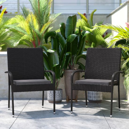 Picture of Flash Furniture Maxim Stackable Indoor/Outdoor Wicker Dining Chairs With Padded Seat Cushions, Black/Gray, Set Of 2 Chairs