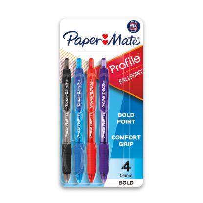 Picture of Paper Mate Profile Retractable Ballpoint Pens, Bold Point, 1.4 mm, Translucent Barrel, Assorted Ink Colors, Pack Of 4