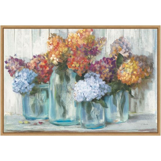 Picture of Amanti Art Fall Hydrangeas in Glass Jar Crop by Carol Rowan Framed Canvas Wall Art Print, 16inH x 23inW, Maple