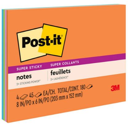 Picture of Post-it Super Sticky Notes, 8 in x 6 in, 4 Pads, 45 Sheets/Pad, 2x the Sticking Power, Energy Boost Collection