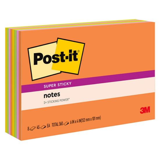 Picture of Post-it Super Sticky Notes, 6 in x 4 in, 8 Pads, 45 Sheets/Pad, 2x the Sticking Power, Energy Boost Collection