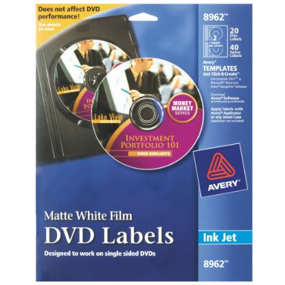 Picture of Avery Film DVD Labels, 8962, Round, 4-13/20in Diameter, White, 20 Disc Labels And 40 Spine Labels