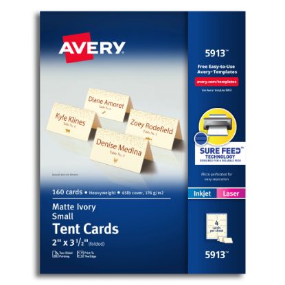 Picture of Avery Printable Small Tent Cards With Sure Feed Technology, For Laser Or Inkjet Printers, 2in x 3.5in, Ivory, 160 Blank Place Cards