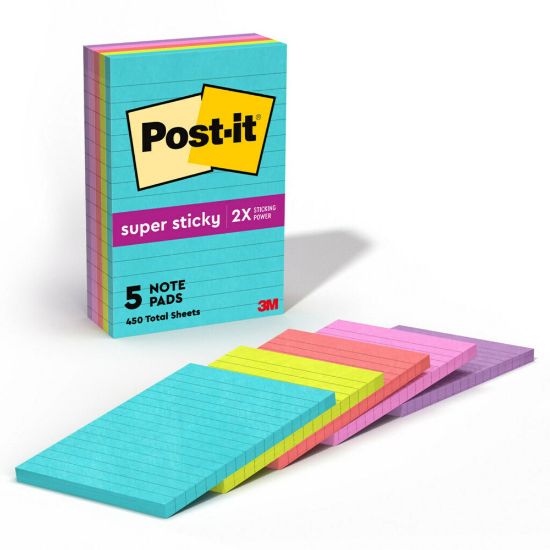 Picture of Post-it Super Sticky Notes, 4 in x 6 in, 5 Pads, 90 Sheets/Pad, Lined, 2x the Sticking Power, Back to School Supplies for Students, Sticky Notes for Textbooks and Notebooks, Supernova Neons Collection