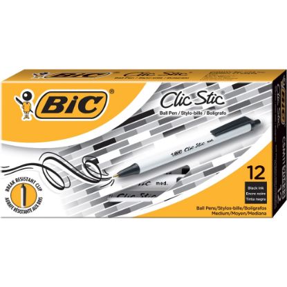 Picture of BIC Clic Stic Retractable Ballpoint Pens, Medium Point, 1.0 mm, White Barrel, Black Ink, Pack Of 12