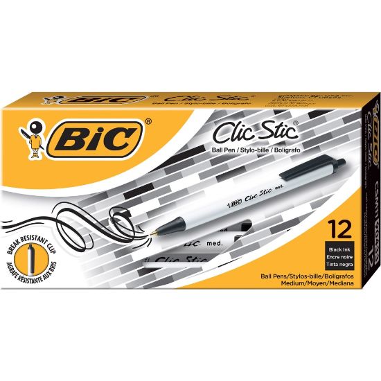 Picture of BIC Clic Stic Retractable Ballpoint Pens, Medium Point, 1.0 mm, White Barrel, Black Ink, Pack Of 12