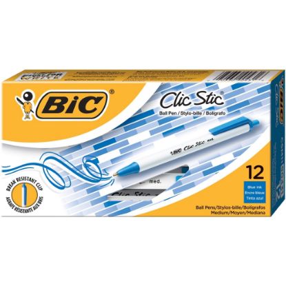 Picture of BIC Clic Stic Retractable Ballpoint Pens, Medium Point, 1.0 mm, White Barrel, Blue Ink, Pack Of 12