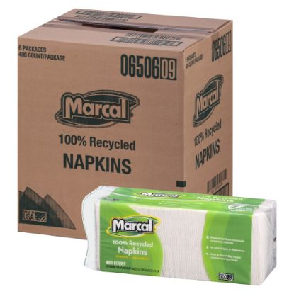 Picture of Marcal 1-Ply Luncheon Napkins, 12-1/2inH x 11-1/4inW, 100% Recycled Paper, White, 400 Napkins Per Pack, 6 Packs Per Carton