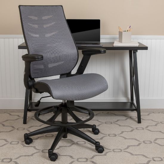 Picture of Flash Furniture High Back Mesh Spine-Back Ergonomic Drafting Chair with Adjustable Foot Ring and Adjustable Flip-Up Arms, Dark Gray