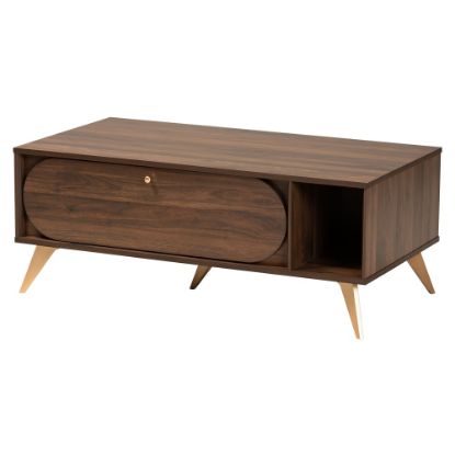 Picture of Baxton Studio Mid-Century Modern Coffee Table With Drop-Down Cabinet, 16-1/2inH x 41-5/16inW x 21-3/4inD, Walnut Brown/Gold