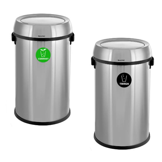 Picture of Alpine Industries Stainless Steel Indoor Compost And Trash Bins With Swivel Lids, 17 Gallons, Silver, Pack Of 2 Bins