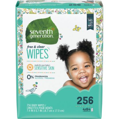 Picture of Seventh Generation Free & Clear Baby Wipes, Refill, Unscented, White, 256 Wipes Per Pack, Carton Of 3 Packs