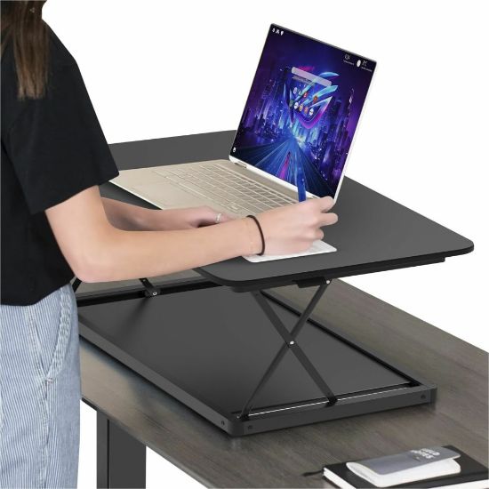 Picture of CHANGEdesk Mini black adjustable height standing desk converter for laptops and single monitors - small compact thin desk sit stand up desktop desk riser conversion