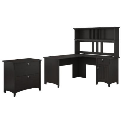 Picture of Bush Furniture Salinas 60inW L Shaped Desk with Hutch and Lateral File Cabinet, Vintage Black, Standard Delivery