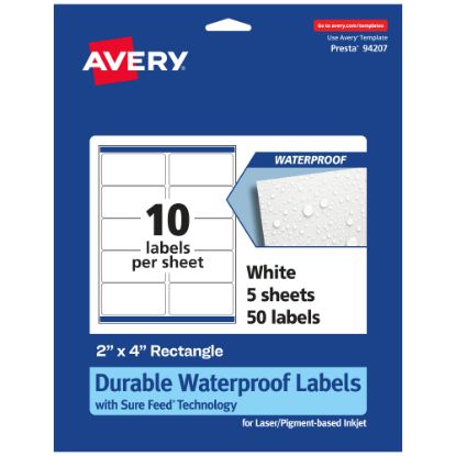 Picture of Avery Waterproof Permanent Labels With Sure Feed, 94207-WMF5, Rectangle, 2in x 4in, White, Pack Of 50