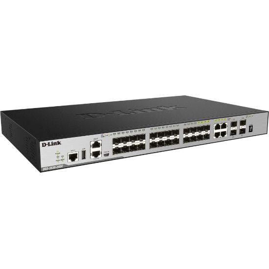 Picture of D-Link 28-Port Layer 3 Stackable Managed Gigabit Switch including 4 10GbE Ports - 4 Ports - Manageable - Gigabit Ethernet, 10 Gigabit Ethernet - 10/100/1000Base-TX, 10GBase-SR, 10GBase-LRM, 10GBase-LR - 3 Layer Supported - Modular - 24 SFP Slots