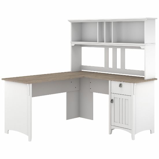 Picture of Bush Furniture Salinas 60inW L-Shaped Desk With Hutch, Shiplap Gray/Pure White, Standard Delivery