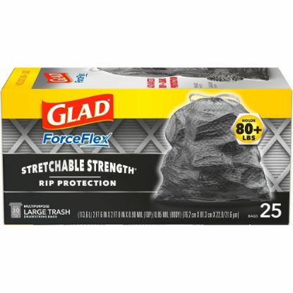 Picture of Glad ForceFlexPlus Large Drawstring Trash Bags - Large Size - 30 gal Capacity - Drawstring Closure - Black - 156/Bundle - 25 Per Box - Home, Office, Can