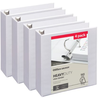 Picture of Office Depot Heavy-Duty View 3-Ring Binder, 2in D-Rings, White, 49% Recycled, Pack Of 4