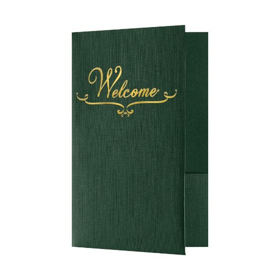 Picture of LUX Welcome Folders, 5 3/4in x 8 3/4in, Green Linen/Gold Foil, Pack Of 25 Folders