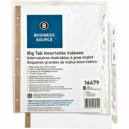 Picture of Business Source Tear-resistant Clear Tab Index Dividers - 8 Tab(s) - 8.5in Divider Width x 11in Divider Length - Letter - White Divider - Clear Tab(s) - Recycled - Tear Resistant - 8 / Set