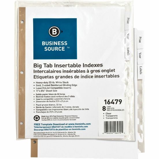 Picture of Business Source Tear-resistant Clear Tab Index Dividers - 8 Tab(s) - 8.5in Divider Width x 11in Divider Length - Letter - White Divider - Clear Tab(s) - Recycled - Tear Resistant - 8 / Set