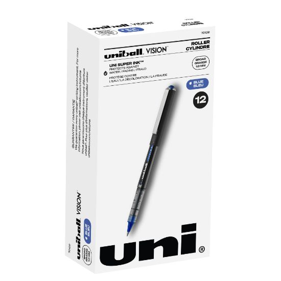 Picture of uni-ball Vision Liquid Ink Rollerball Pens, Bold Point, 1.0 mm, Blue Barrel, Blue Ink, Pack Of 12 Pens