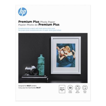 Picture of HP Premium Plus Photo Paper for Inkjet Printers, Glossy, Letter Size (8 1/2in x 11in), 80 Lb, Pack Of 50 Sheets (CR664A)