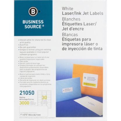 Picture of Business Source Bright White Premium-quality Address Labels - 1in Width x 2 5/8in Length - Permanent Adhesive - Rectangle - Laser, Inkjet - White - 30 / Sheet - 100 Total Sheets - 3000 / Pack - Jam-free