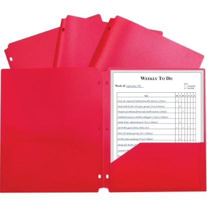 Picture of C-Line 2-pocket Heavyweight Poly Portfolio Pocket - 11.4in Length - 100 mil Thickness - For Letter 8 1/2in x 11in Sheet - 3 x Holes - Ring Binder - Rectangular - Red - Polypropylene - 25 / Box