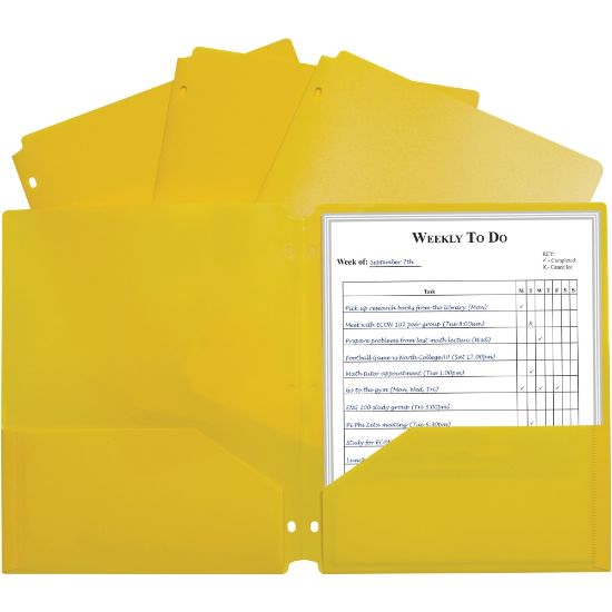 Picture of C-Line 2-pocket Heavyweight Poly Portfolio Pocket - 11.4in Length - 100 mil Thickness - For Letter 8 1/2in x 11in Sheet - 3 x Holes - Ring Binder - Rectangular - Yellow - Polypropylene - 25 / Box