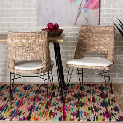 Picture of bali & pari Nafaro Natural Rattan And Metal Dining Chairs With Cushions, Graywashed/White/Black, Set Of 2 Chairs