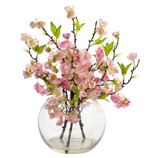 Picture of Nearly Natural Cherry Blossom 14inH Plastic Floral Arrangement With Large Vase, 14inH x 12inW x 12inD, Pink